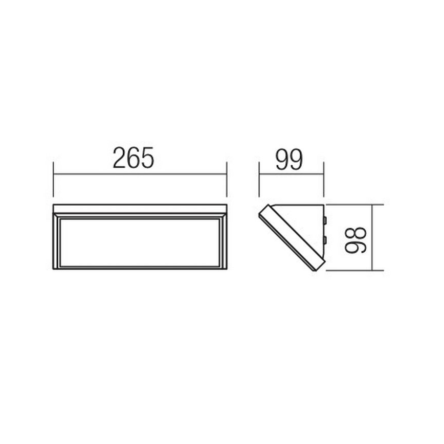 Svietidlo s rozmermi 265 x 99 x 98 mm je znázornené v technickom výkrese. Zobrazuje obdĺžnikový tvar s uhlopriečnym bočným profilom.