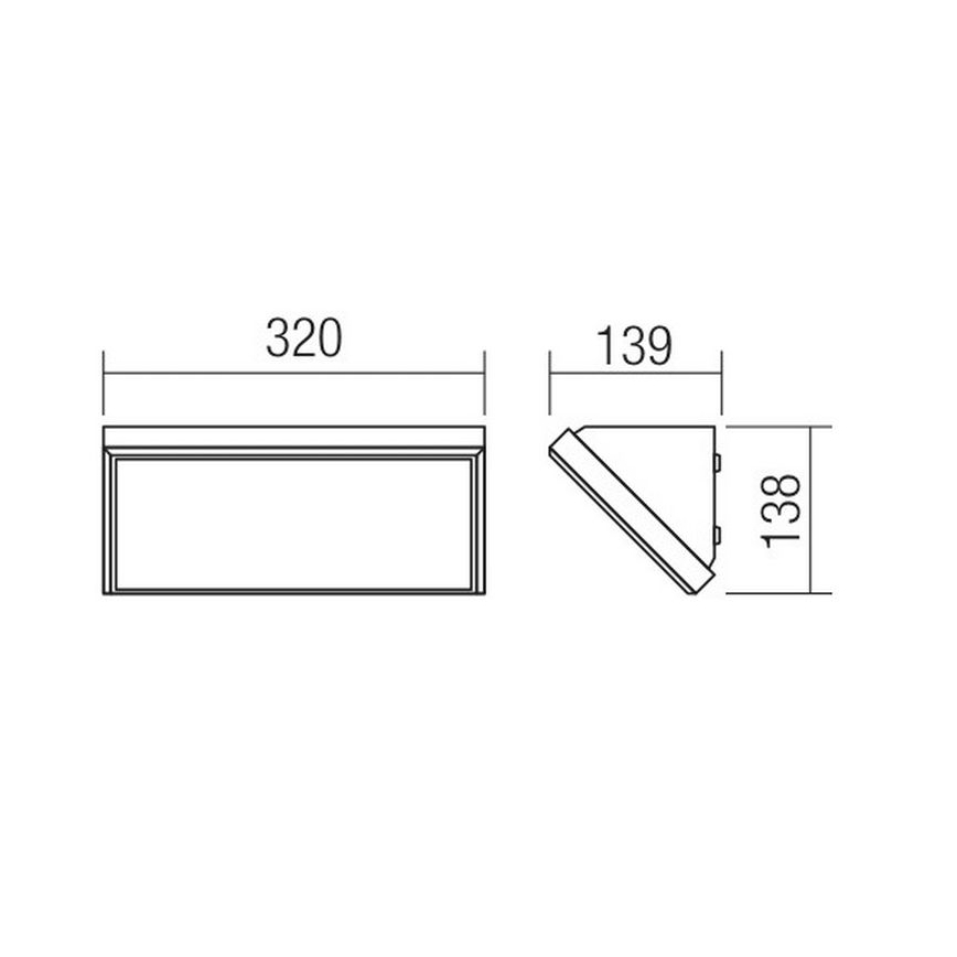 Technický výkres zobrazuje rozmery obdĺžnikového a trojuholníkového svietidla. Obdĺžnikové má rozmery 320 x 139 mm, trojuholníkové 139 x 138 mm.