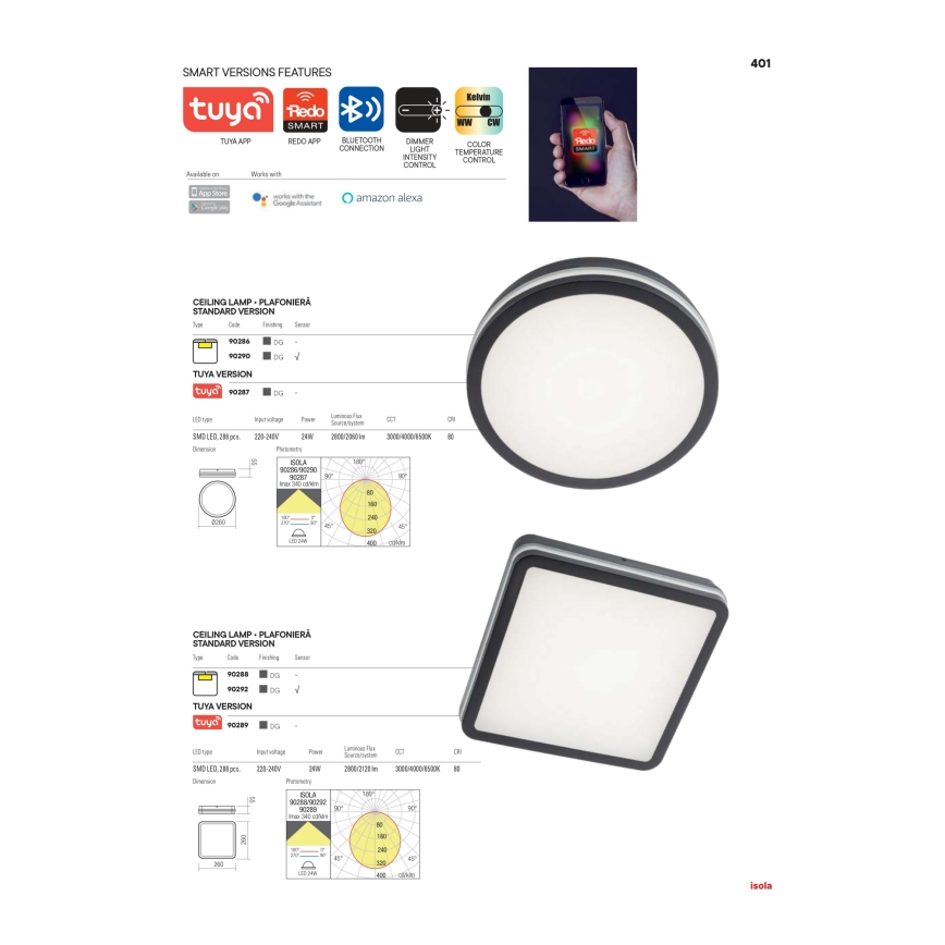 Redo 90288 - LED Vonkajšie stropné svietidlo ISOLA LED/24W/230V 26x26 cm 3000/4000/6500K IP54 antracit