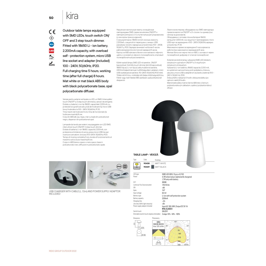 Redo 90439 - LED stmievateľná dotyková vonkajšia lampa KIRA LED/4,7W/230V 2200 mAh IP44 čierna