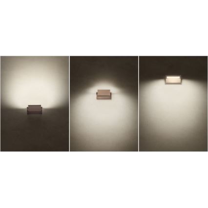 Tri obrázky znázorňujú nástenné svietidlo. Svietidlo svieti v troch rôznych uhloch a intenzitách osvetlenia na svetlej stene.