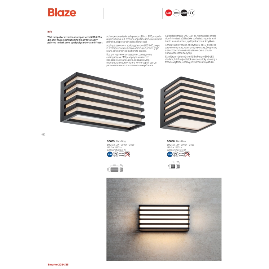 Redo 90639 - LED Vonkajšie nástenné svietidlo BLAZE LED/12W/230V 3000K IP54 antracit