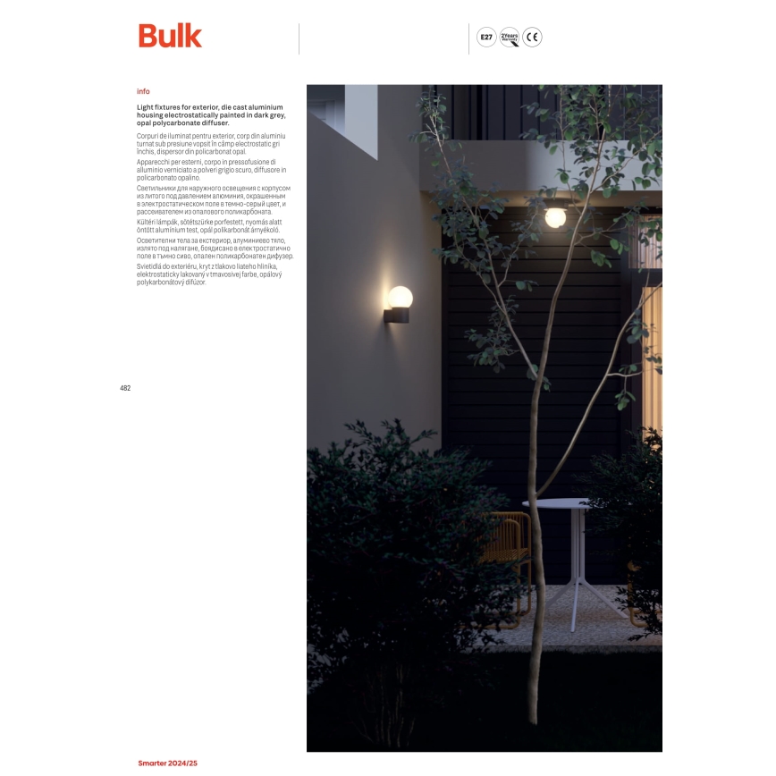 Redo 90640 - Vonkajšie nástenné svietidlo BULK 1xE27/28W/230V IP44 antracit