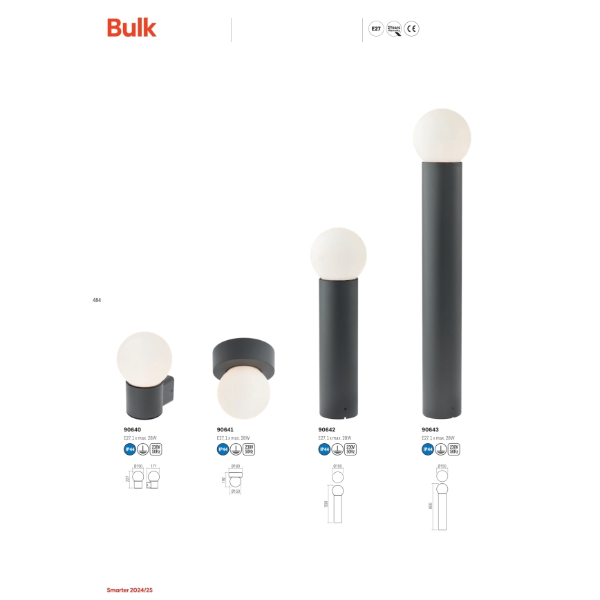 Štyri vonkajšie svietidlá s guľovitými tienidlami a tmavosivými kovovými podstavcami, rôznych výšok a typov montáže (nástenná, stropná, stojaca). 90640, 90641, 90642, 90643 - označenie modelov. E27 1x max. 20W - technické údaje. Smarter 2024/25 - označenie katalógu.