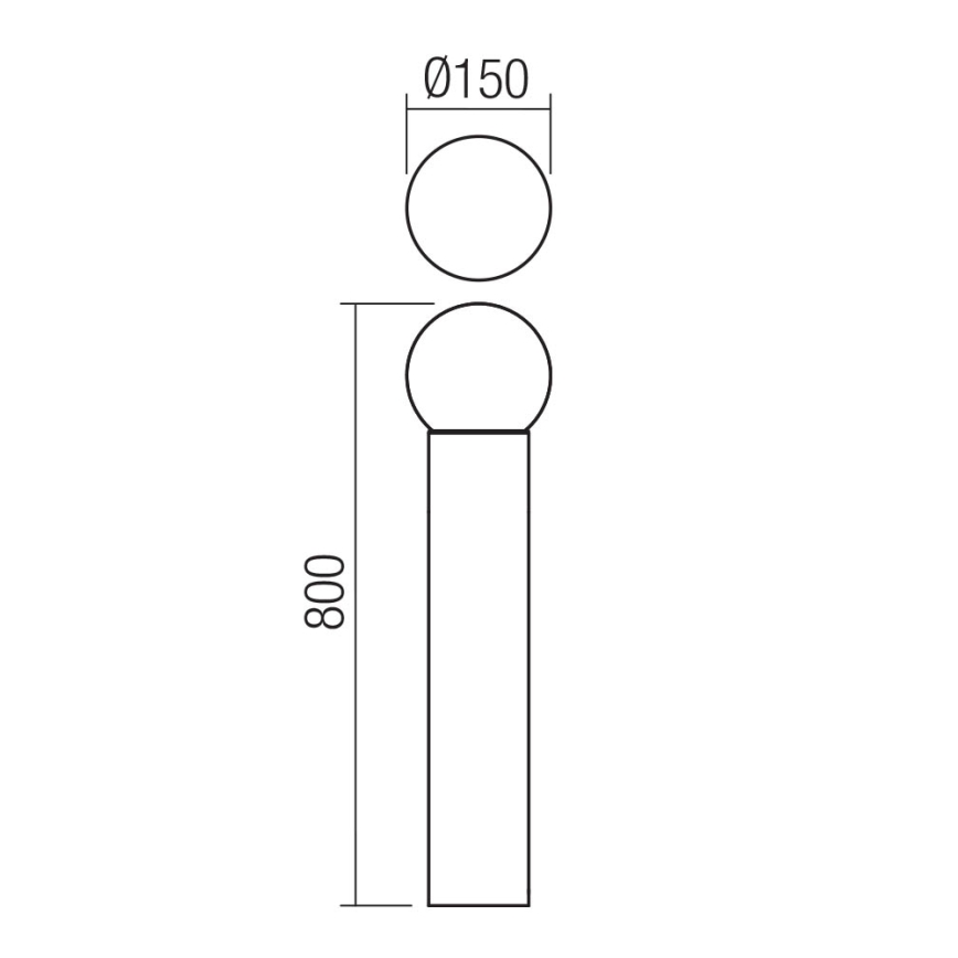 Technický nákres zobrazuje svietidlo: valcovitý stĺpik s dvoma guľovými časťami, horná menšia, dolná väčšia. Výška stĺpika je 800 mm, priemer hornej gule 150 mm.