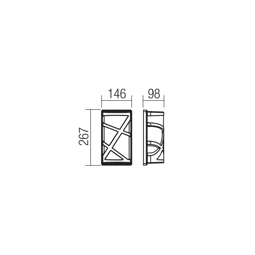 Dve svietidlá s rozmermi 146 x 98 x 267 mm sú zobrazené v čelnom a bočnom pohľade. Svietidlá majú geometrický dizajn s vnútornou sieťkou.