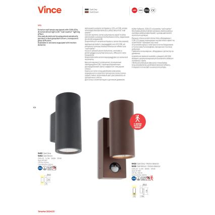 Vonkajšie nástenné svietidlá s LED diódami COB, priame/ nepriame osvetlenie s efektom wall washer. Hliníkové telo, elektrostaticky lakované tmavošedou/tmavohnedou farbou, transparentné sklenené difúzory. Dostupné aj s detektorom pohybu.