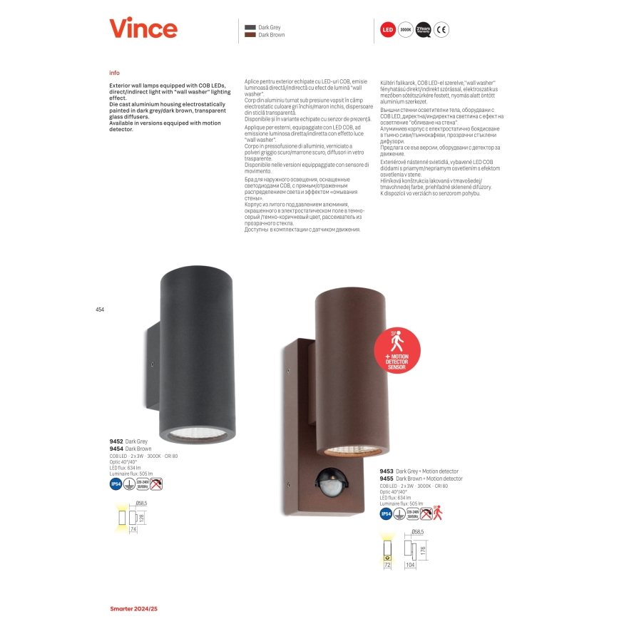 Vonkajšie nástenné svietidlá s LED diódami COB, priame/ nepriame osvetlenie s efektom wall washer. Hliníkové telo, elektrostaticky lakované tmavošedou/tmavohnedou farbou, transparentné sklenené difúzory. Dostupné aj s detektorom pohybu.