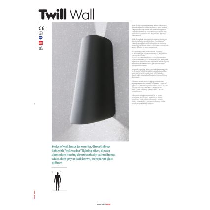 Sériu vonkajších nástenných lámp s efektom „wall washer“ tvorí liatinový hliníkový kryt elektrostaticky lakovaný v matnej bielej, tmavosivej alebo tmavohnedej farbe s priehľadným skleneným difúzorom.