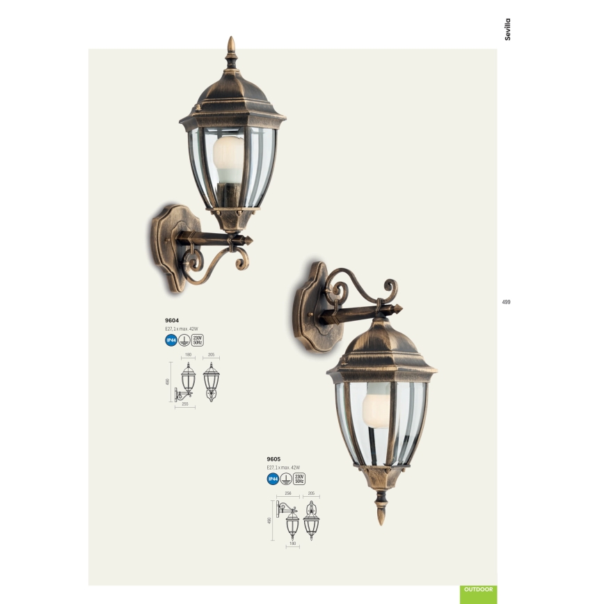 Redo 9604 - Vonkajšia nástenná lampa SEVILLA 1xE27/42W/230V IP44 zlatá/patina