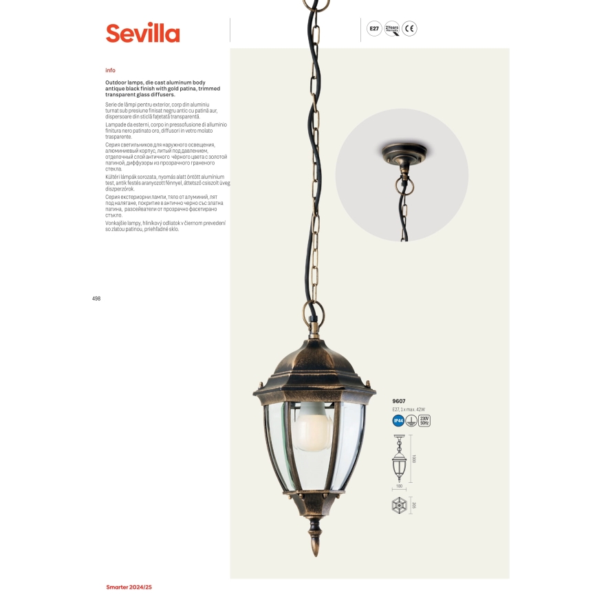 Redo 9608 - Vonkajšia lampa SEVILLA 1xE27/42W/230V IP44 zlatá/patina