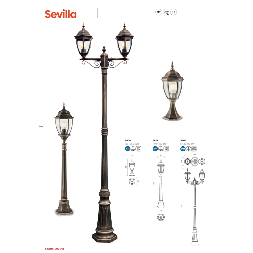 Redo 9608 - Vonkajšia lampa SEVILLA 1xE27/42W/230V IP44 zlatá/patina