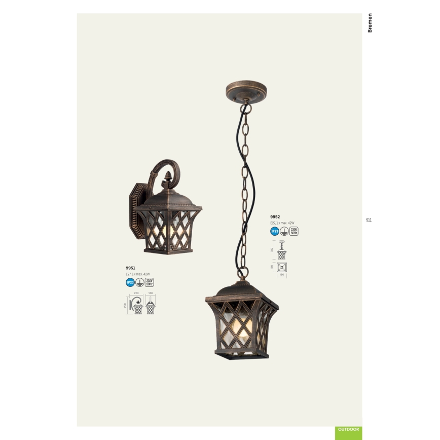 Redo 9951 - Vonkajšia nástenná lampa BREMEN 1xE27/42W/230V IP23 zlatá/patina