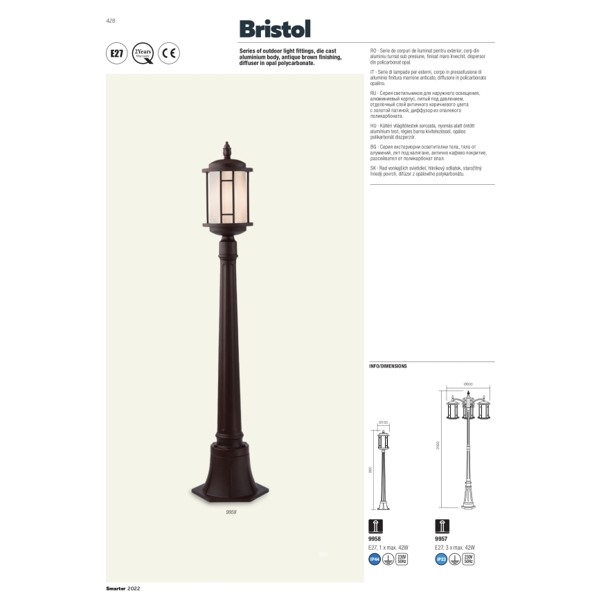 Redo 9956 - Vonkajšie závesné svietidlo na reťazi BRISTOL 1xE27/42W/230V IP23
