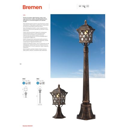 Redo 9961 - Vonkajšia lampa BREMEN 1xE27/42W/230V IP23 zlatá/patina