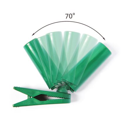 Zelená spona otáča zelené valčeky o 70 stupňov. Spôsobuje to pohyb valčekov. Spôsob otáčania je znázornený na bielom pozadí.