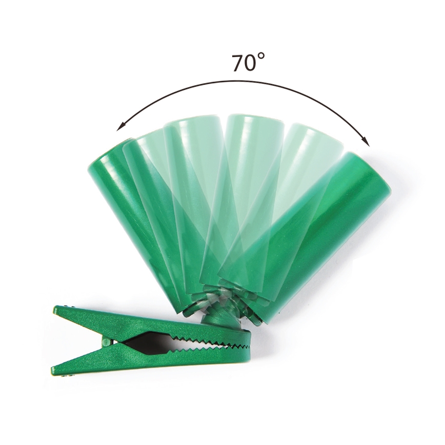 Zelená spona otáča zelené valčeky o 70 stupňov. Spôsobuje to pohyb valčekov. Spôsob otáčania je znázornený na bielom pozadí.