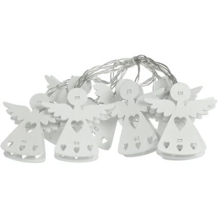 Svetelný reťaz s drevenými figúrkami anjelov visí zľahka prepletený. Anjeli sú bielej farby s vyrezávanými srdcami. Reťaz je strieborno-sivej farby.