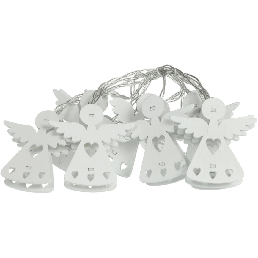 Svetelný reťaz s drevenými figúrkami anjelov visí zľahka prepletený. Anjeli sú bielej farby s vyrezávanými srdcami. Reťaz je strieborno-sivej farby.