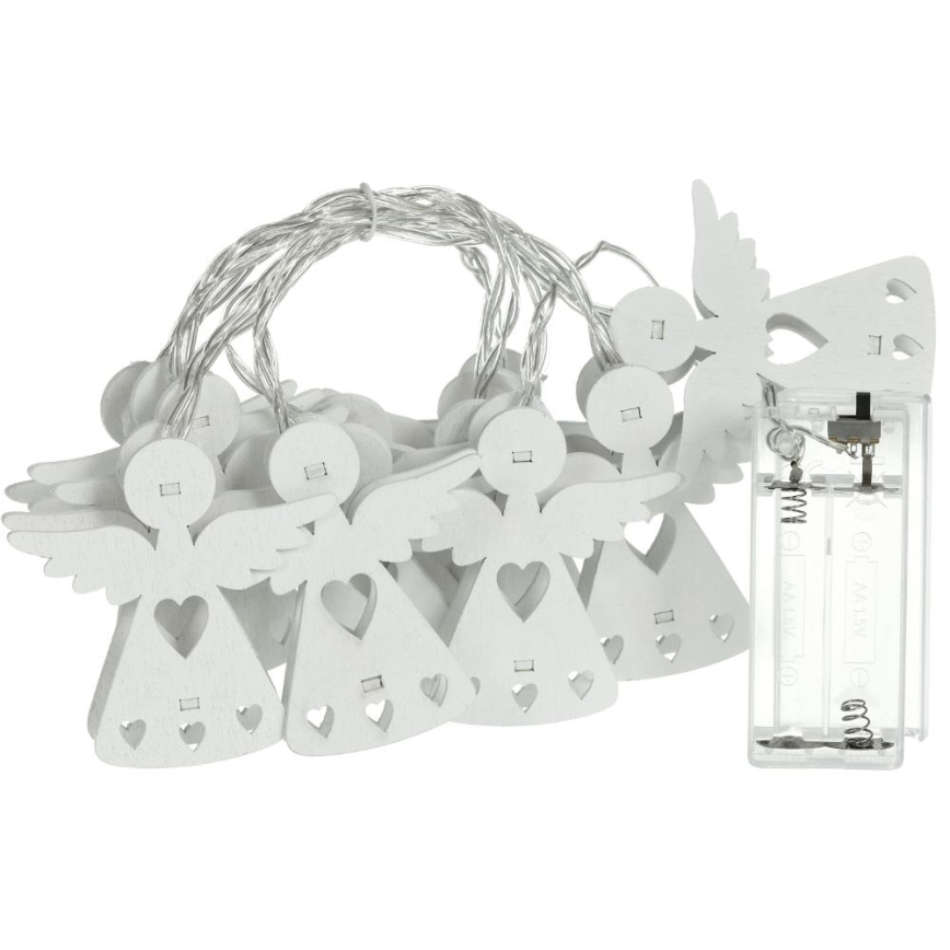 Svetlený veniec s drevenými anjelikmi s vyrezávanými srdiečkami svieti. Anjelici sú biele a navlečené na tenkom striebornom drôte. Súčasťou je batériový blok.