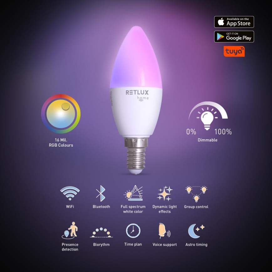 LED RGBW Stmievateľná žiarovka C37 E14/4,5W/230V 2700-6500K Wi-Fi Tuya