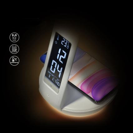 LED Stmievateľná stolná lampa s bezdrôtovým nabíjaním Qi 5W a displejom LED/6W/230V/1xCR2032 3000/4000/6000K biela