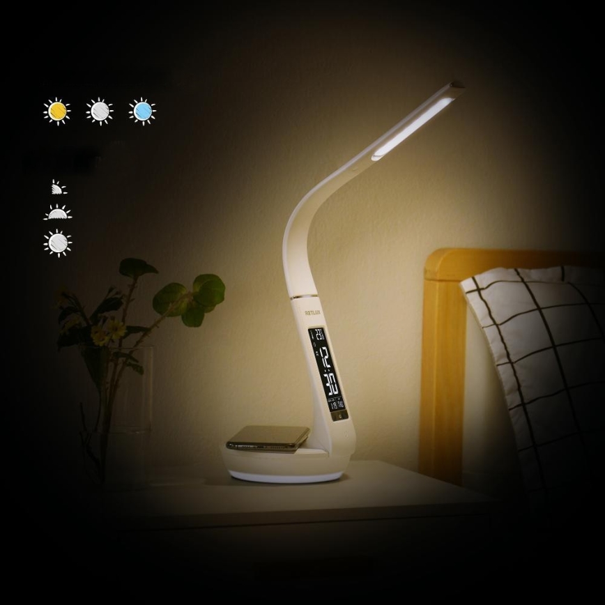 LED Stmievateľná stolná lampa s bezdrôtovým nabíjaním Qi 5W a displejom LED/6W/230V/1xCR2032 3000/4000/6000K biela