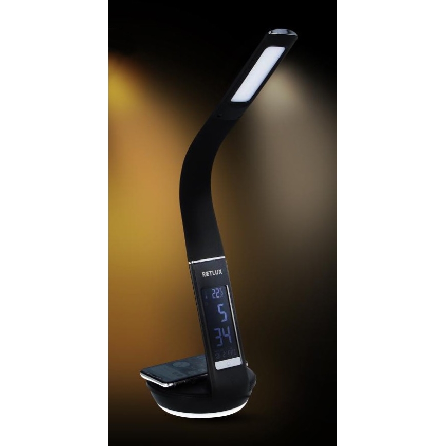 LED Stmievateľná stolná lampa s bezdrôtovým nabíjaním Qi 5W a displejom LED/6W/230V/1xCR2032 3000/4000/6000K čierna