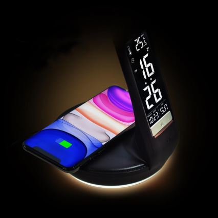 LED Stmievateľná stolná lampa s bezdrôtovým nabíjaním Qi 5W a displejom LED/6W/230V/1xCR2032 3000/4000/6000K čierna