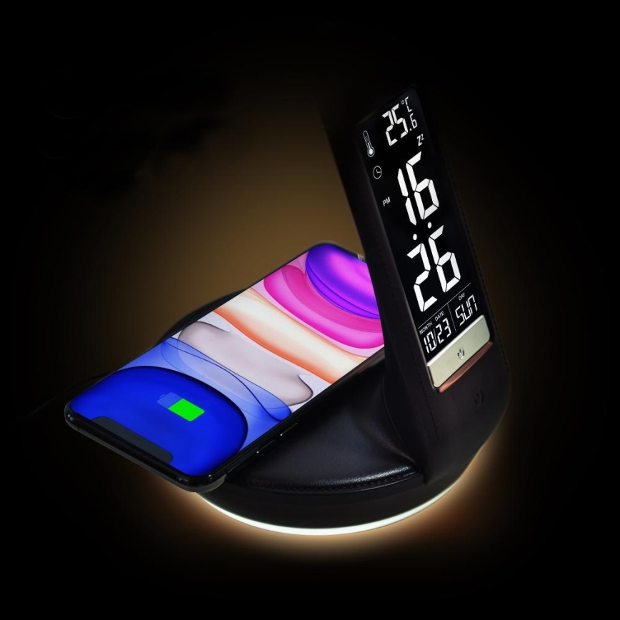 LED Stmievateľná stolná lampa s bezdrôtovým nabíjaním Qi 5W a displejom LED/6W/230V/1xCR2032 3000/4000/6000K čierna