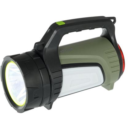 Prenositelná baterka Retlux svieti. Má robustný dizajn, zelenú a čiernu farbu, integrovanú rukoväť a červené svetlo. Biely svit je viditeľný z prednej strany.