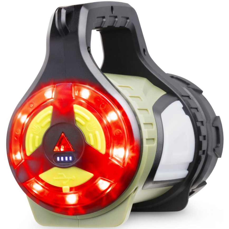 Prenositelná svetelná jednotka s červenými LED diódami svieti. Má robustný dizajn, rukoväť a ukazovateľ stavu batérie zobrazujúci tri bodky. Je umiestnená na bielom pozadí.