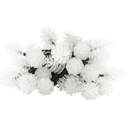 Svetielkový veniec s bielymi šiškami na čiernom kábli je nahromadený na bielom pozadí. Šišky sú pripevnené na kábel a vytvárajú svetelný efekt.