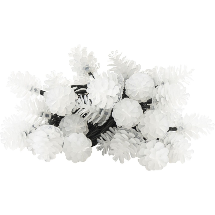 Svetielkový veniec s bielymi šiškami na čiernom kábli je nahromadený na bielom pozadí. Šišky sú pripevnené na kábel a vytvárajú svetelný efekt.