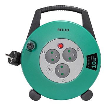 Retlux - predlžovací kábel na bubne, 3 zásuvky, Typ E, 10 m, zelená/čierna