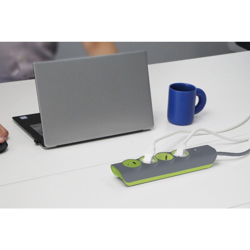 Retlux - Predlžovací kábel s vypínačom, 3 zásuvky, Typ E + 1x USB-A + 1x USB-C, 1,4 m, sivý