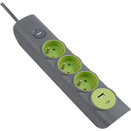 Retlux - Predlžovací kábel s vypínačom, 3 zásuvky, Typ E + 1x USB-A + 1x USB-C, 1,4 m, sivý