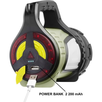 Prenositelná LED lampa sa nabíja pomocou USB kábla. Lampa má rukoväť a červeno-žlté svetelné indikátory. Text pod obrázkom uvádza: POWER BANK 2 200 mAh.