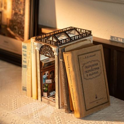 Miniatúrna budova, umiestnená medzi knihami, evokuje obchod. Knihy majú názvy: „Paris and Treasures“, „Минеральное сырье для стекольноварения“ a „Гидрология и Гидрометрия в задачах“. Budova je osvetlená slnečným svetlom na stole.