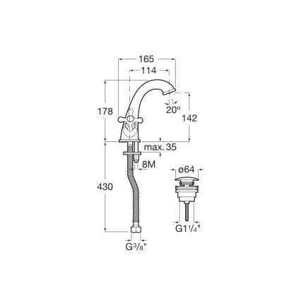 Kuchynská batéria s výtokom v tvare oblúka a pákovým ovládaním je zobrazená s detailnými rozmermi v milimetroch a závitmi G3/8 a G1 1/4. Súčasťou je aj schéma odtokového ventilu.