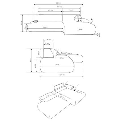 Technický nákres rohovej sedačky s rozmermi: celková dĺžka 286 cm, šírka 215 cm a 124 cm, hĺbka 100 cm a 173,5 cm. Sedačka sa dá rozložiť na lôžko s rozmermi 213 cm x 140 cm.