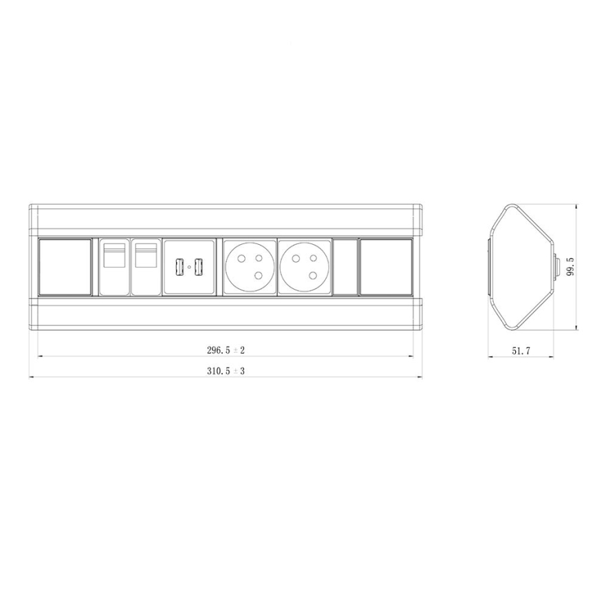 Rohová zásuvková lišta 2x 230V + 2x USB + 2x RJ45 230V