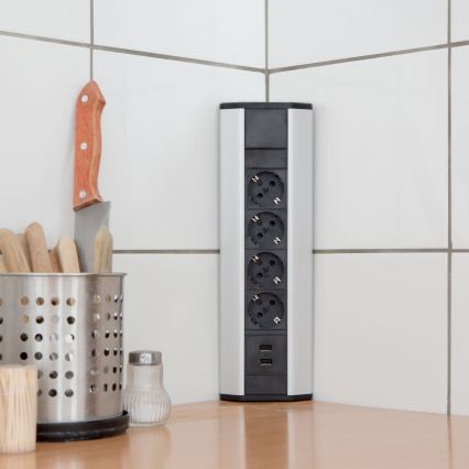 Rohový zásuvkový stĺpik 4x230V + 2xUSB-A čierna/strieborná