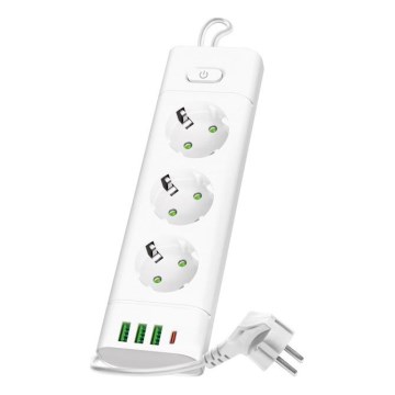 Rozbočovač so spínačom LINEA PRO 3x230V + 3xUSB-A + 1xUSB-C SCHUKO 3 m biela