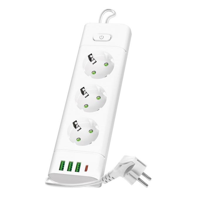 Rozbočovač so spínačom LINEA PRO 3x230V + 3xUSB-A + 1xUSB-C SCHUKO 3 m biela