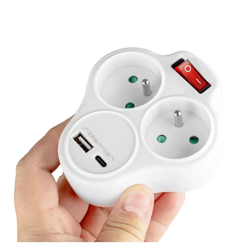 Rozbočovacia zásuvka s vypínačom 2× zásuvky + USB-C + USB-A