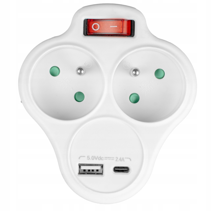 Rozbočovacia zásuvka s vypínačom 2× zásuvky + USB-C + USB-A