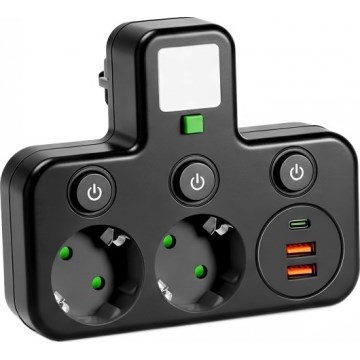 Rozbočovacia zásuvka s vypínačom a LED osvetlením LINEA PRO 2Z + 3xUSB A/C SCHUKO 4000K čierna
