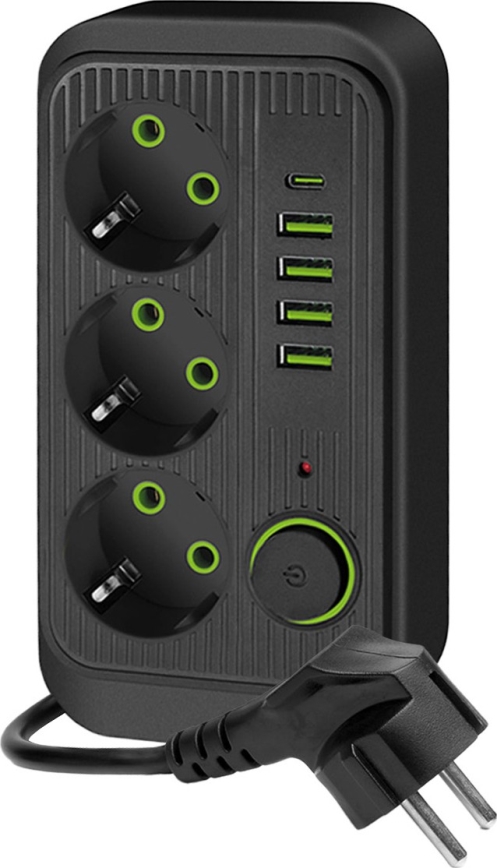 Rozbočovacia zásuvka s vypínačom LINEA 3x230V + 5xUSB A/C 1,5 m SCHUKO čierna