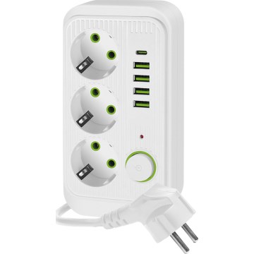 Rozbočovacia zásuvka s vypínačom LINEA 3x230V + 5xUSB A/C SCHUKO 1,5 m biela